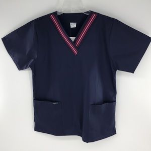 NEW Small Navy Blue Top Scrub Navy Blue/Red Stripe